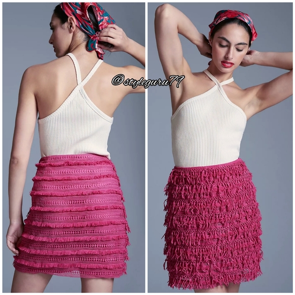 NWT, Anthropologie, Let Me Be Fringe Mini Skirt in Pink - Picture 2 of 3